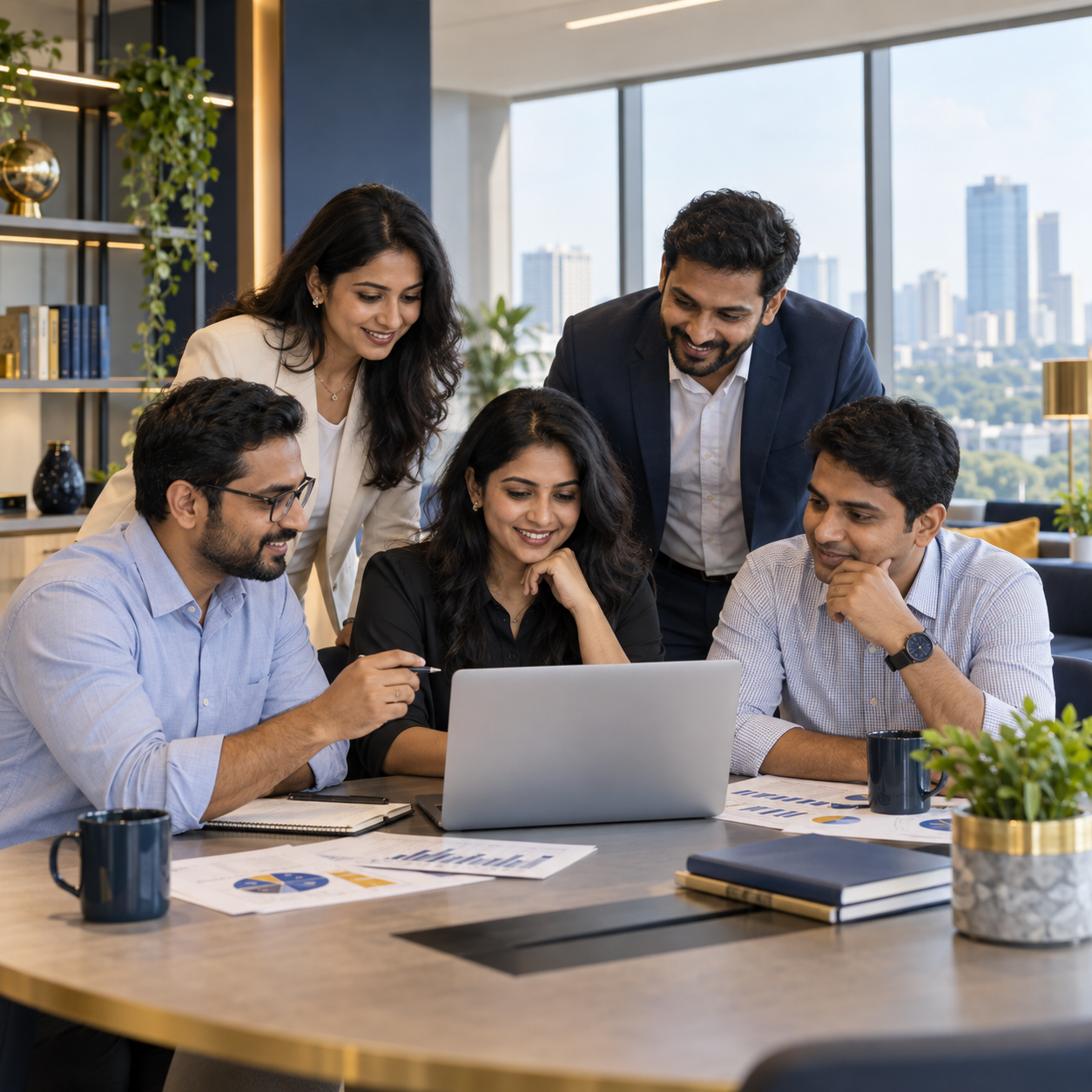 Financial operations professionals collaborating in a modern office
