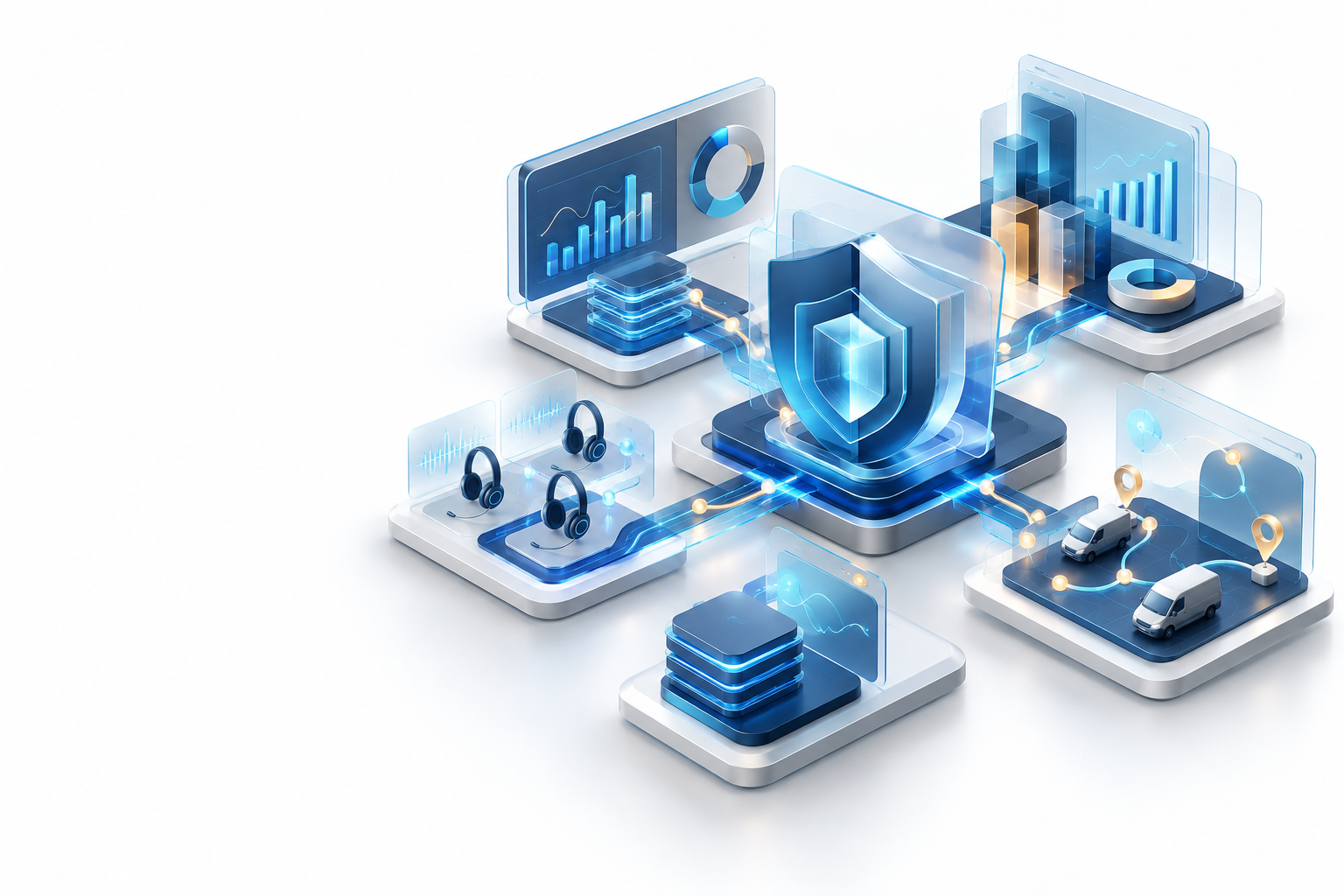 Abstract financial operations network connecting analytics, telecalling, secure workflows and field operations